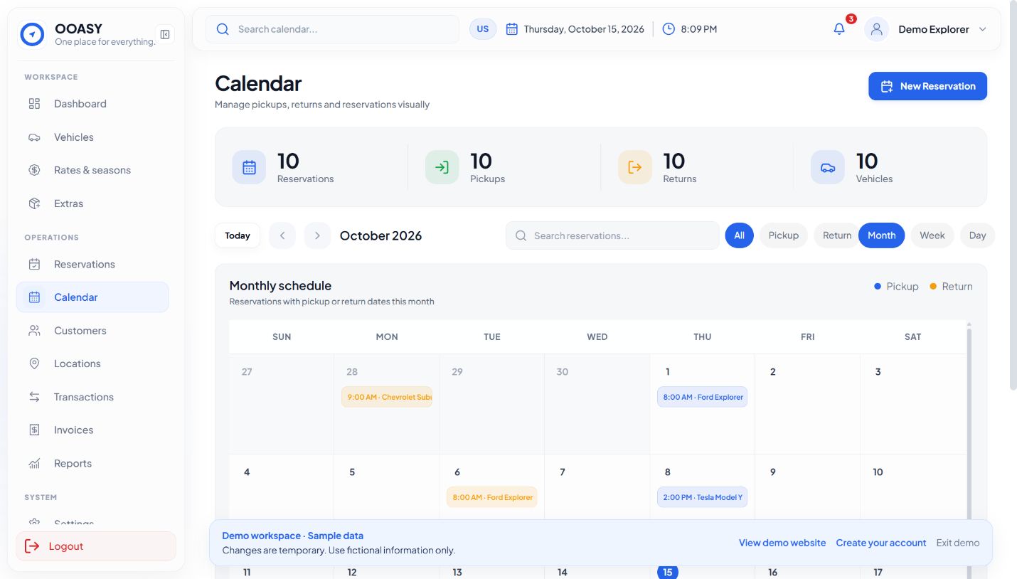 Vista real del módulo Calendario con datos ficticios