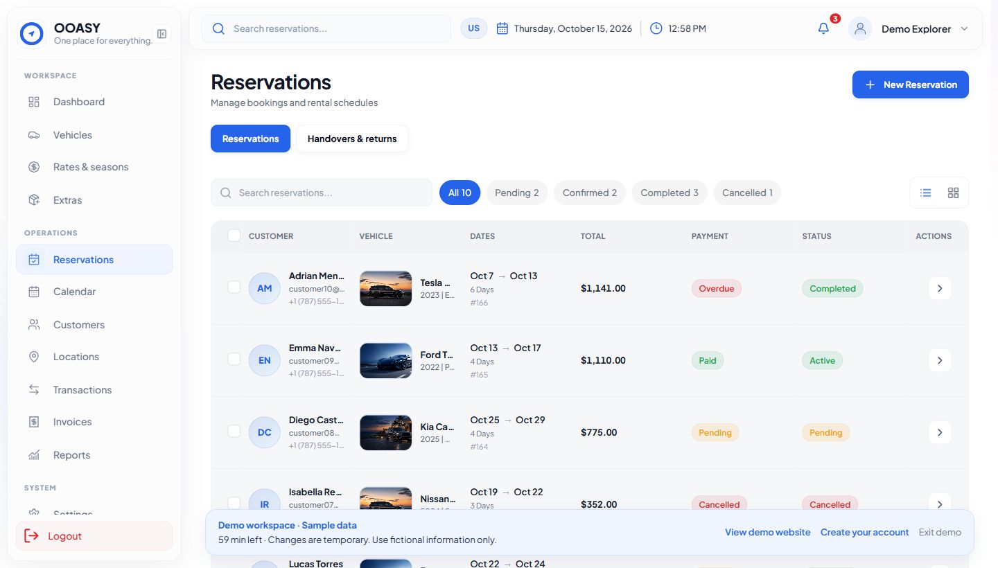 Vista real del módulo Reservas con datos ficticios